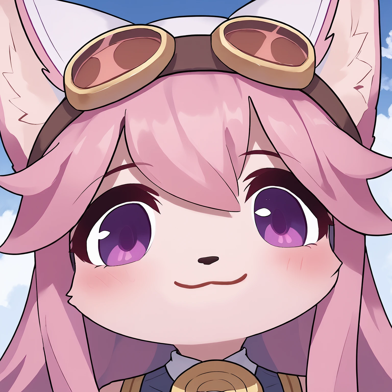 source_anime, score_9, score_8_up, score_7_up, color, chocolatsr, mutsukiface, chibi, portrait, smile, closed mouth, close-up, looking at viewer, 1girl, furry female, dog girl, pink fur, long hair, pink hair, body fur, detailed fur, purple eyes, blush, animal ears, animal nose, goggles on headwear, bodysuit, cloud, blue sky