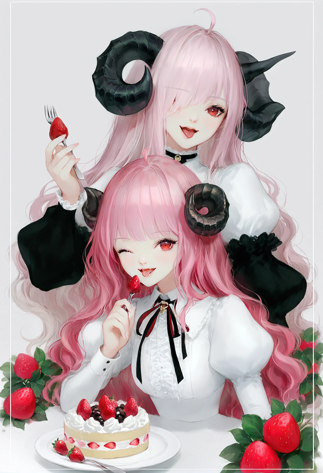 masterpiece, best quality,food, horns, multiple girls, 2girls, juliet sleeves, red eyes, puffy sleeves, cake, long sleeves, tongue, white background, strawberry, simple background, fruit, hair over one eye, long hair, tongue out, holding, open mouth, smile, curled horns, upper body, :d, fork, white hair, shirt, sheep horns, pink hair, white shirt, plate, cropped torso, closed mouth 
 <lora:DADACHYOXLlokr4f-000179:0.8>