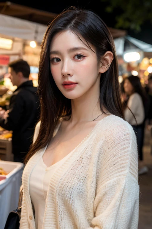 masterpiece, best quality, ultra-detailed, ultra high res, (photorealistic:1.4), raw photo, (realistic:0.2), 8k HDR, realistic lighting, looking at viewer, 1girl, solo, asymmetrical hair, (traditional market:1.2), (day), bokeh, (detailed lips), (detailed pores), (detailed skin textures), (detailed face:1.2), (body:1.2), a woman in a cardigan,