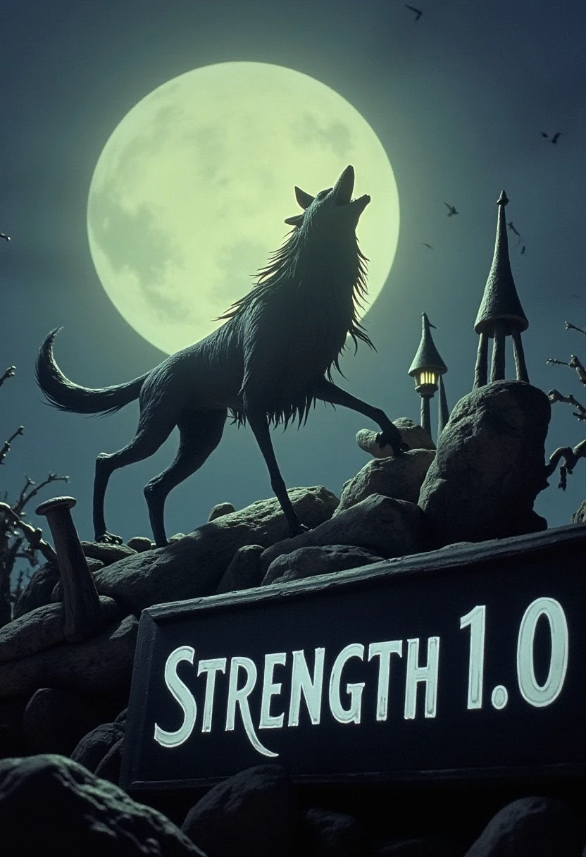 A wolf monster howling at the moon in nightmarestyle. Text overlay: "Strength 1.0"