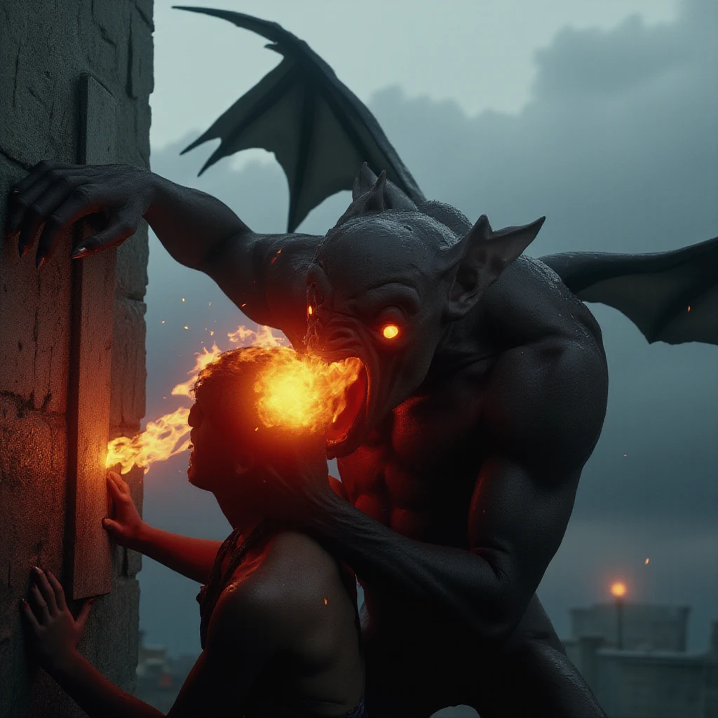 film scene from Denis Villeneuve. Cinematography. horror atmosphere. hellish. from above.

In the rain, wet skin. a powerful hairless night creature engulfs a helpless human in flames. A glowing red flame sphere emanates from deep inside the creature's throat as it prepares to attack. The creature's muscular body is tensed, with its wings partially extended, giving it a dominant and threatening posture. The sky behind it is a pale, cloudy expanse, creating a stark contrast with the creature's dark form. This pose suggests a moment of unleashed fury or a call to battle, emphasizing the night creature's raw power and aggression.

film scene from Denis Villeneuve. Cinematography. horror atmosphere

A hairless night creature with rain-soaked skin fiercely attacks a helpless peasant, pinning her against a wall with its claws. The creature's sharp teeth are bared in a snarl as it aggressively pushes forward, while the peasant desperately resists. The intensity of the struggle is evident, with the peasant's back against the wall and the night creature's red eyes glowing with relentless ferocity. The dark, enclosed space adds to the sense of danger and urgency in this life-or-death confrontation.