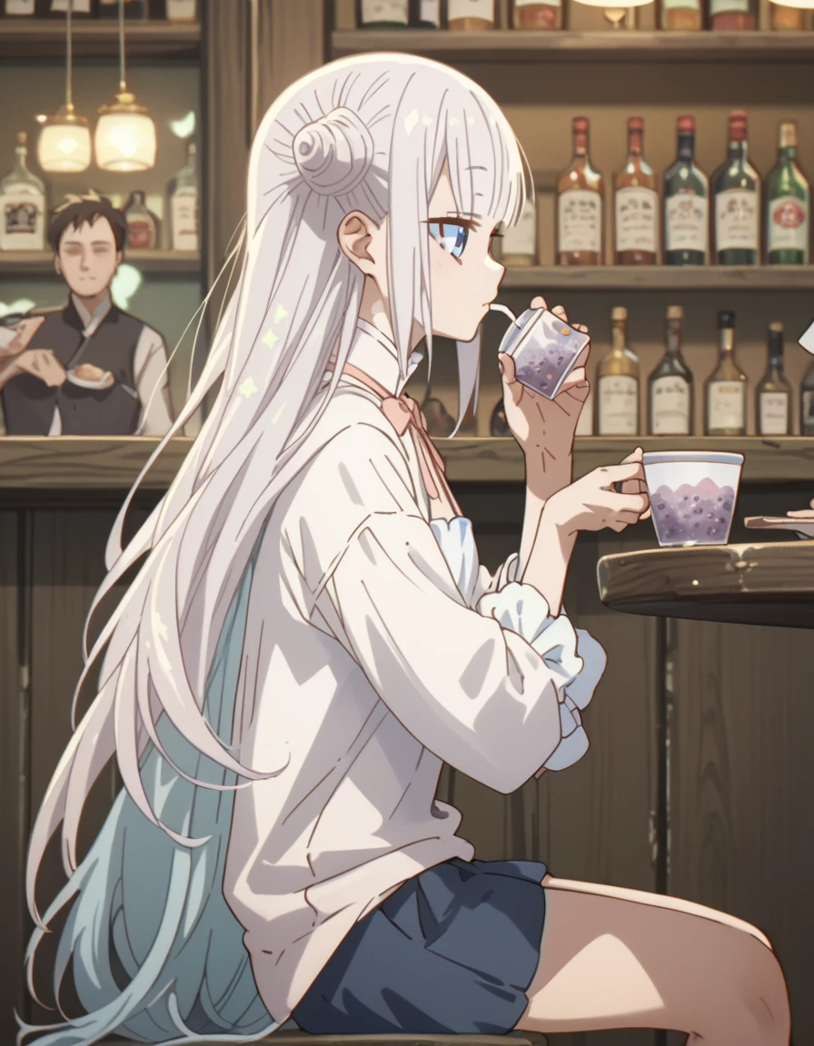 <lora:MagicalGirlEvilEnemy:1>, score_9, score_8_up, score_7_up, score_6_up, score_5_up, score_4_up, source_anime,  , sitting, bar, drinking tea,  Byakuya, long hair, bangs, blue eyes, white hair, double bun,