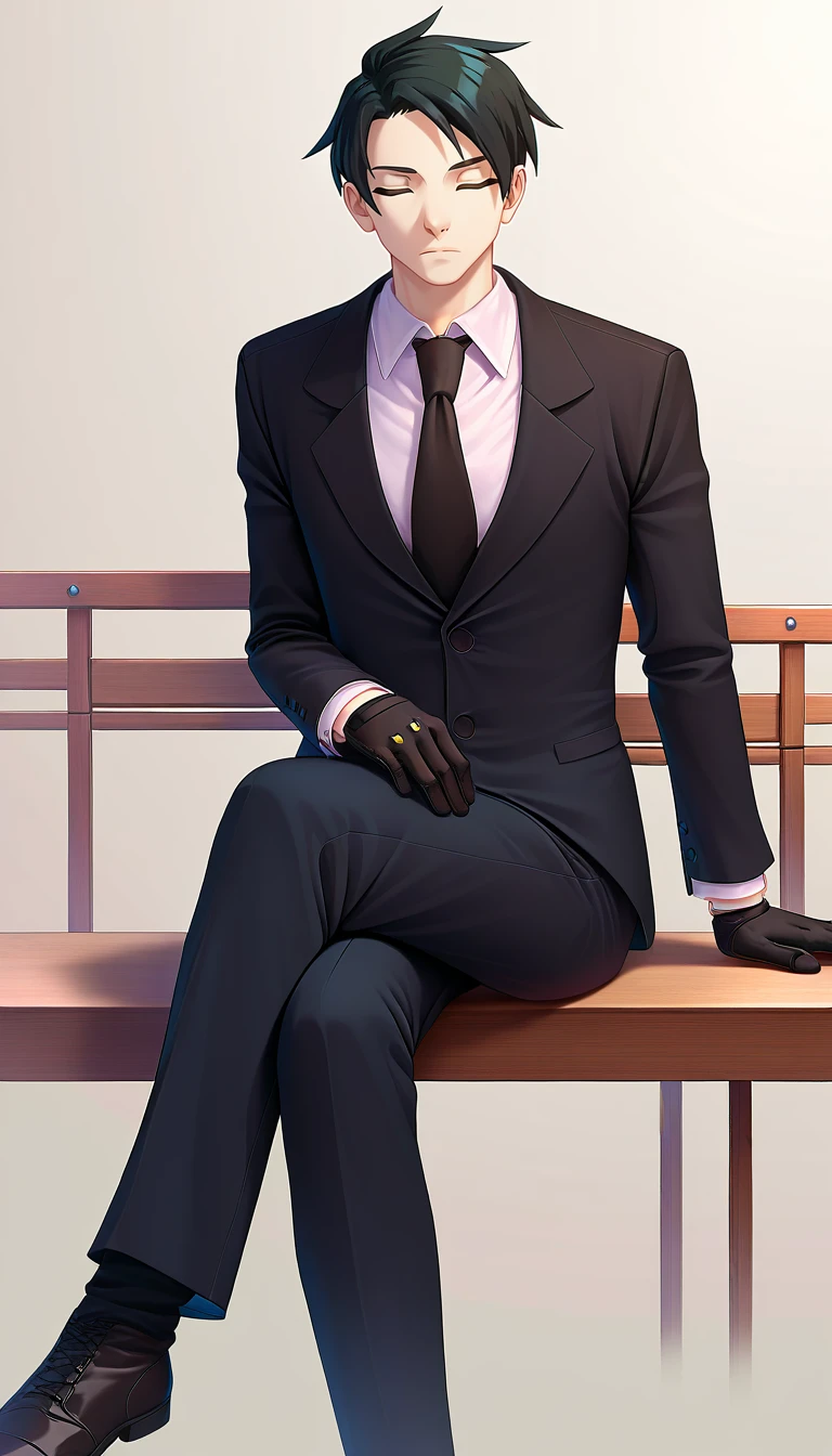 embedding:zPDXL2 ,source_anime,rating safe,looking at viewer,1boy,solo,kyoichiro,gloves,necktie,closed eyes,suit,formal,sitting,crossed legs,pants,cowboy_shot,