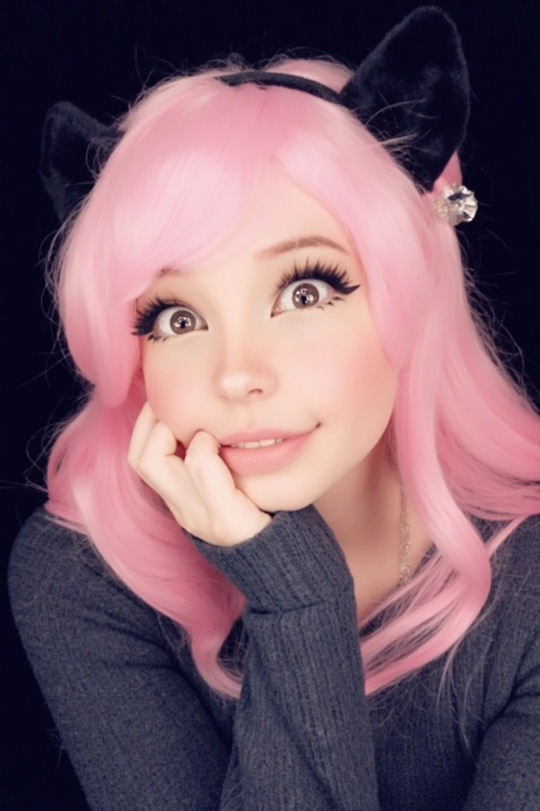 Belle Delphine in a close-up selfie. She has a playful expression. Her eyes are wide open and expressive, and she is smiling. Her pose is playful, with her chin resting on her hand, and she is looking directly at the camera with a slight smile. She has pin...