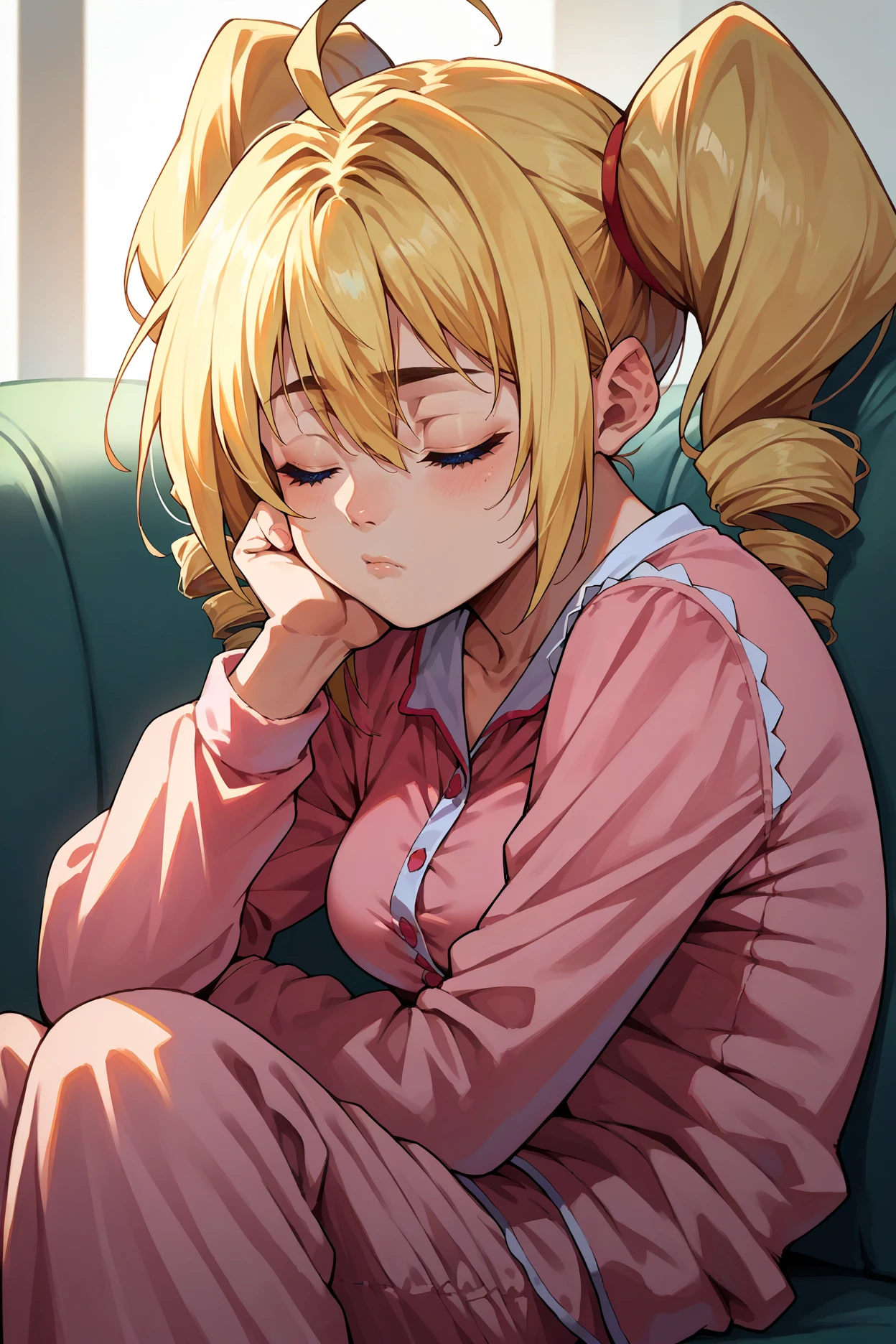 score_9, score_8_up, score_7_up, score_6_up, source_anime 1girl, solo <lora:ravelphenex-pdxl-nvwls-v1-000004:1> dxdRP, blonde hair, ahoge, twin drills, blue eyes, breasts, pink pajamas, pajama pants, from side, couch, tired, sleeping, closed eyes, head rest