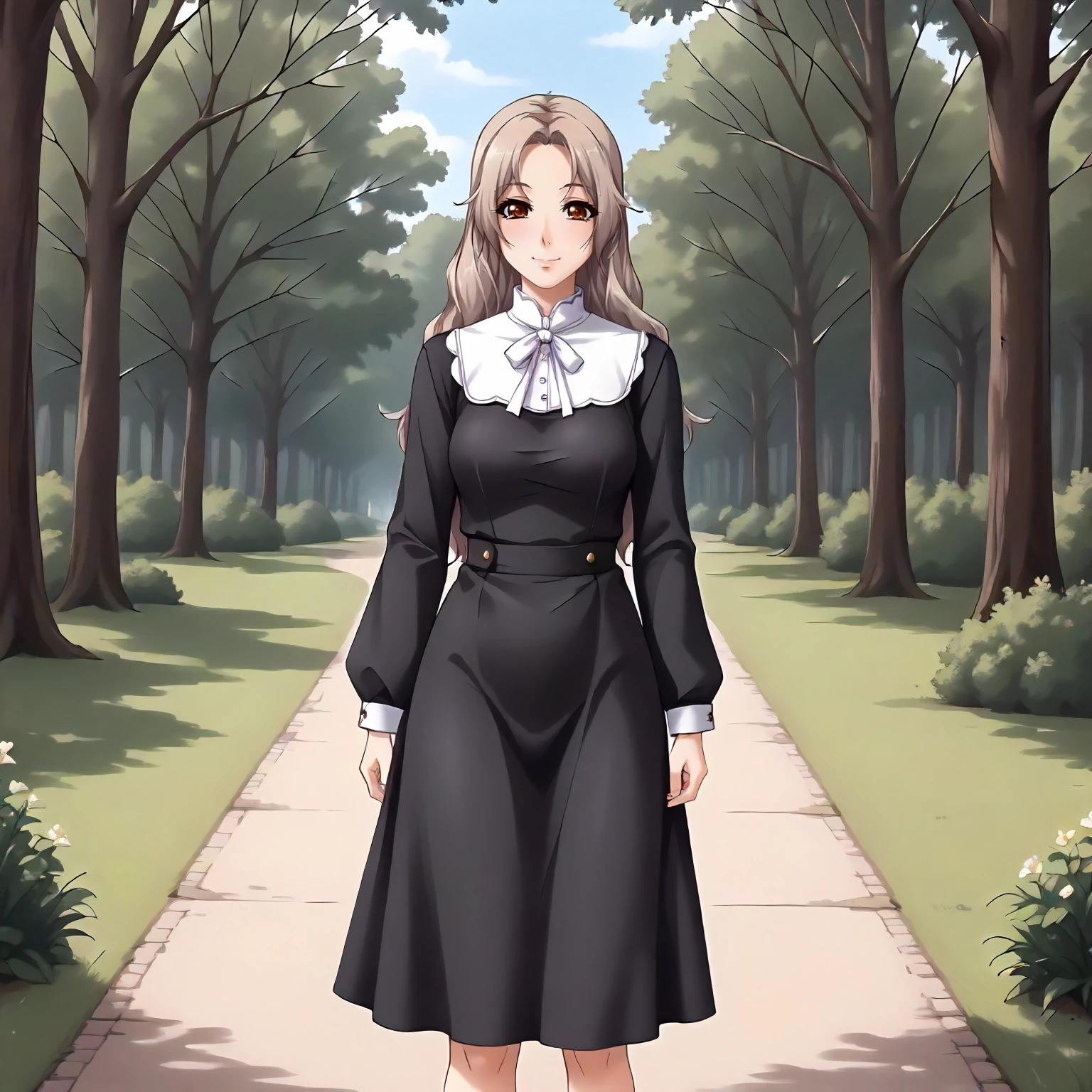 <lora:SDG_SisterClaraXLpony001>,
smile,
outdoors,nature,
solo,
SisterClara,1girl,light brown hair,long hair,brown eyes,
domineering,black dress,white tilim,
standing,