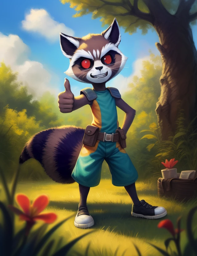 <lora:RocketGrVerYif:1>  RocketGrVer, Raccoon, red eyes, tail, orange jumpsuit, shoes,  (Chibi,)
Looks at the viewer,   without pants,   ( (Hands on hips, standing, (thumbs up))), grin 
[ large window, (nature), forest, grass, day shining, clouds, flowers, blanket, blue pillows, candles, bed, pillows, ]
(beautiful, aesthetic, perfect, delicate, intricate, saturated colors), masterpiece, digital drawing, best quality,
[by kenket|by totesfleisch8], by thebigslick:by silverfox5213:0.8], [by syuro, by paloma-paloma::0.2, (Tricksta, TotesFleisch8)