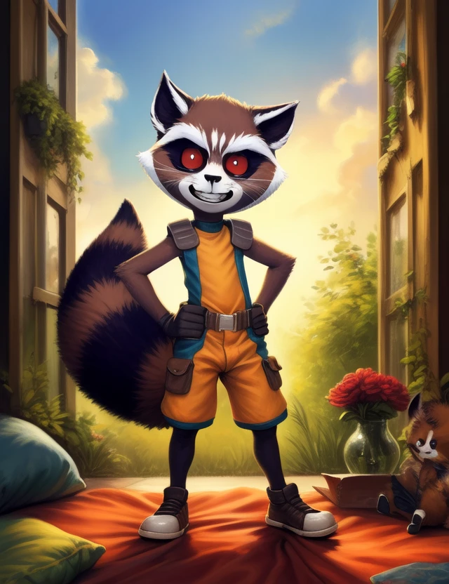 <lora:RocketGrVerYif:1>  RocketGrVer, Raccoon, red eyes, tail, orange jumpsuit, shoes,  (Chibi,)
Looks at the viewer,   without pants,   ( (Hands on hips, standing, (thumbs up))), grin 
[ large window, (nature), forest, grass, day shining, clouds, flowers, blanket, blue pillows, candles, bed, pillows, ]
(beautiful, aesthetic, perfect, delicate, intricate, saturated colors), masterpiece, digital drawing, best quality,
[by kenket|by totesfleisch8], by thebigslick:by silverfox5213:0.8], [by syuro, by paloma-paloma::0.2, (Tricksta, TotesFleisch8)