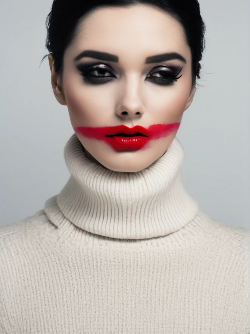 elegant woman in a turtleneck sweater, (smearedmakeup), face, makeup, red eyeshadow, lipstick, black hair,
 <lora:Smeared-Makeup-SDXL-000008:1>