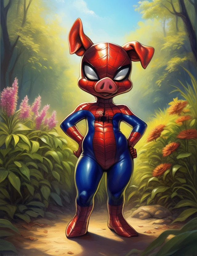 <lora:SpiderHamYif:1> SpiderHam, chibi,  male,  (pig_tail,)
Looks at the viewer, tight clothing, (Hands on hips, standing,)
[ large window, (nature), forest, grass, day shining, clouds, flowers, blanket, blue pillows, candles, bed, pillows, ]
(beautiful, aesthetic, perfect, delicate, intricate, saturated colors), masterpiece, digital drawing, best quality,
[by kenket|by totesfleisch8], by thebigslick:by silverfox5213:0.8], [by syuro, by paloma-paloma::0.2, (Tricksta, TotesFleisch8)