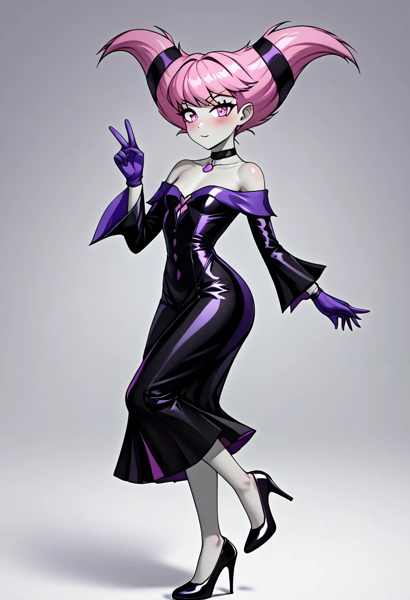 solo, 1girl, Petite, small bust, short pink hair, pale grey skin, pink eyes, blush, long elegant black gown with violet accents, off-the-shoulder style, fitted waist, long flared sleeves, violet gloves, black choker with violet pendant, black high heels, posed leaning slightly to one side with one hand extended forward