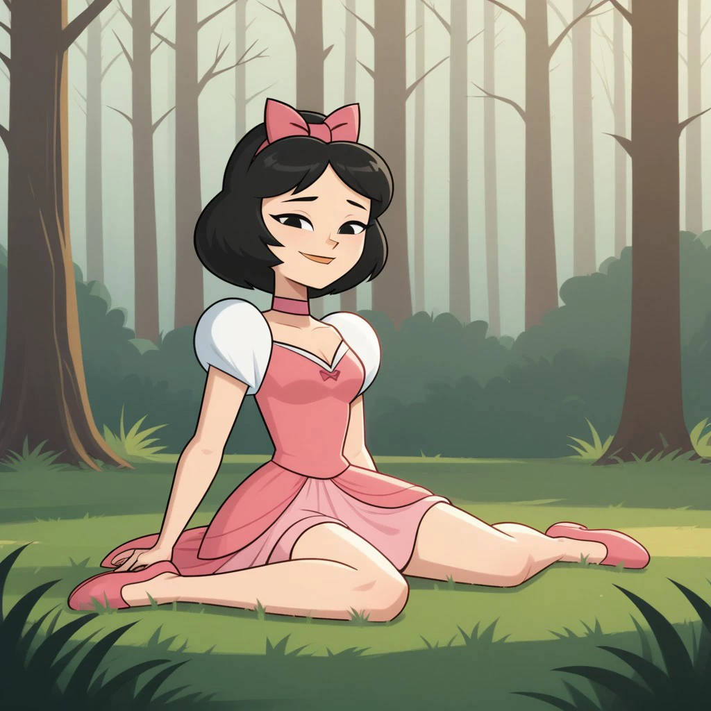 score_9, score_8, BREAK, total drama, 1girl, black hair, white skin, pink hair bow, black eyes, lips, pointy nose, pink neck band, pink small dress, light pink gloves, bare legs, pink footwear, Ella_(\Total_Drama\), tdpi, cute, sexy pose, smile, outdoors, sunlight, shadows, morning lighting, natural lighting, forest, trees, grass