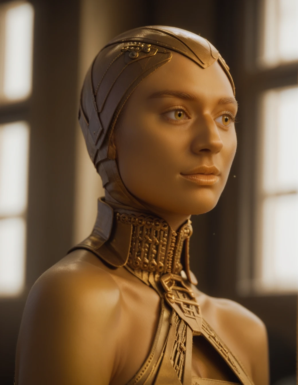 portrait  <lora:Ayesha:0.8> ayesha, golden skin, sleeveless, headwear, score_9, score_8_up, score_7_up, score_6_up