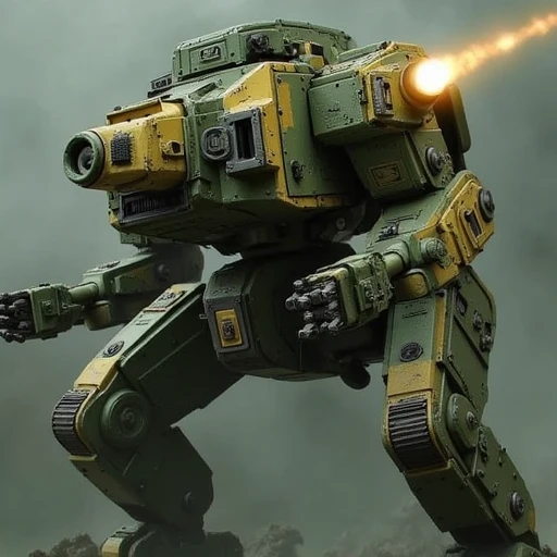 a very large green and brown robot with a big light on it