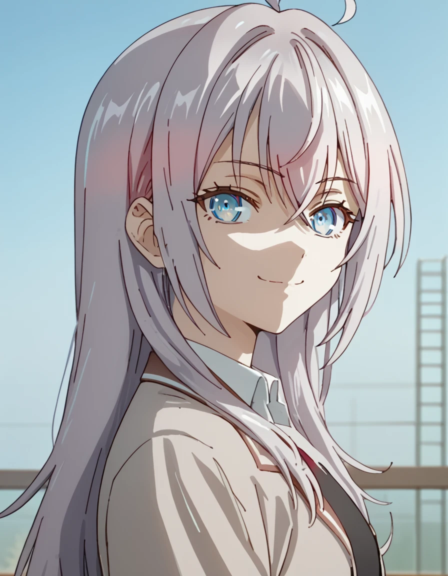 Alisa, long hair, bangs, blue eyes, hair between eyes, ahoge, grey hair, <lora:AlyaSometimesHidesHerFeelingsinRussian:1> score_9, score_8_up, score_7_up, score_6_up, score_5_up, score_4_up, source_anime,  soft smile, portrait,