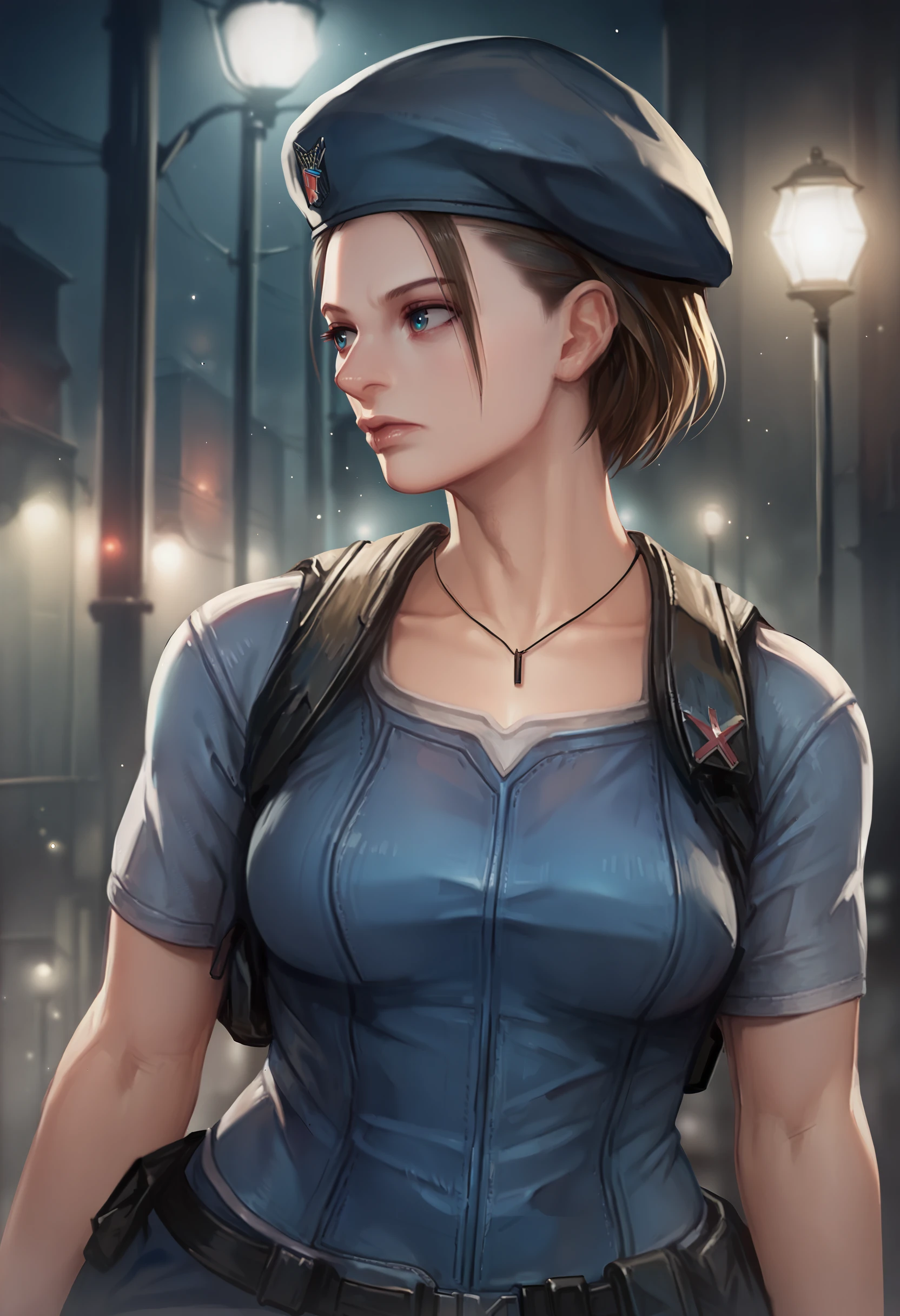 score_9, score_7_up <lora:miche-guy-PONY-DORAv1:1>, 1girl, solo, (jill valentine):0.5, night, beret, looking to the side, depth of field, portrait, dark background, short sleeves