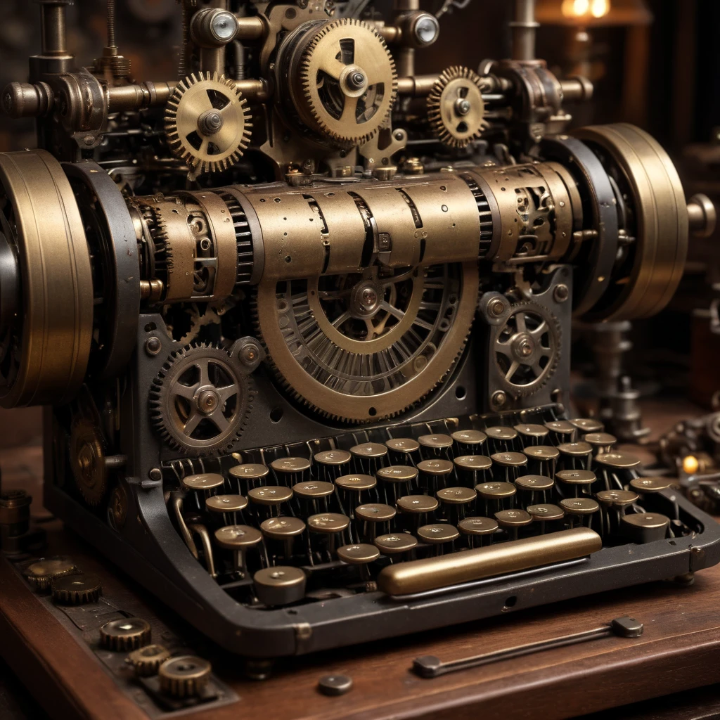 [(vintage typewriter with brass gears and keys:steampunk robot with intricate mechanical parts and clockwork:1.2):18], realistic photography, antique brass textures, industrial workshop background, dim lighting with warm tones, the robot is in the center, typewriter integrated into its chest, gears and cogs visible, mechanical arms typing, close-up view, detailed craftsmanship