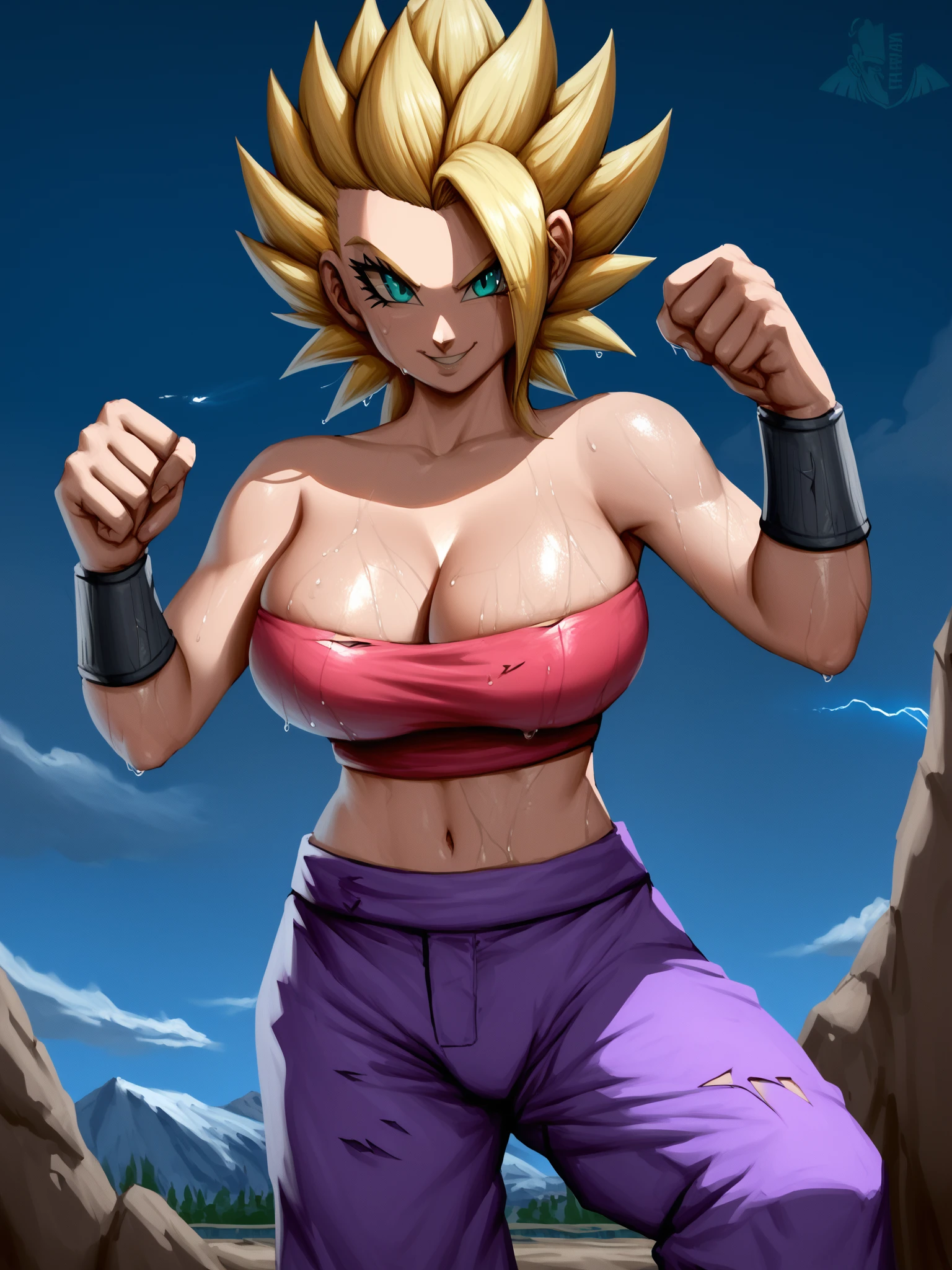 score_9, score_8_up, score_7_up, score_6_up, score_5_up, score_4_up, detailed eyes, beautiful eyes, <lora:PONYXL_FD-MegaBreastPack:1> <lora:Test:1> ELTNVA, <lora:caulifla-pdxl-nvwls-v1:0.6> s2Cal, blonde hair, aqua eyes, asymmetrical bangs, spiky hair, tube top, purple pants, bracers,combat boot, damaged clothes, dark skies, lightning, , night time, steaming skin, cleavage, large breasts, over viewer, running hand through hair, panting, sweating, sweaty skin, wet skin, shiny skin, wet clothes, smiling, serious expression, rocky mountainous terrain, approaching viewer, karate  pose, navel