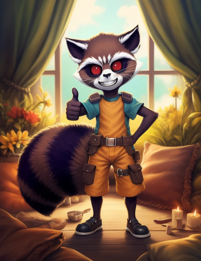 <lora:RocketGrVerYif:1>  RocketGrVer, Raccoon, red eyes, tail, orange jumpsuit, shoes,  (Chibi,)
Looks at the viewer,   without pants,   ( (Hands on hips, standing, (thumbs up))), grin 
[ large window, (nature), forest, grass, day shining, clouds, flowers, blanket, blue pillows, candles, bed, pillows, ]
(beautiful, aesthetic, perfect, delicate, intricate, saturated colors), masterpiece, digital drawing, best quality,
[by kenket|by totesfleisch8], by thebigslick:by silverfox5213:0.8], [by syuro, by paloma-paloma::0.2, (Tricksta, TotesFleisch8)