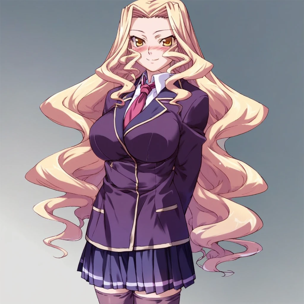 score_9, score_8_up, score_7_up, source_anime BREAK 1girl, solo, shirogane reika, female focus, very long hair, blonde hair, wavy hair, forehead, hair vents, yellow eyes, looking at viewer, smile, blush, sidelocks, school uniform, necktie, jacket, thighhighs, skirt, pleated skirt, hands behind back, large breasts, rating_questionable