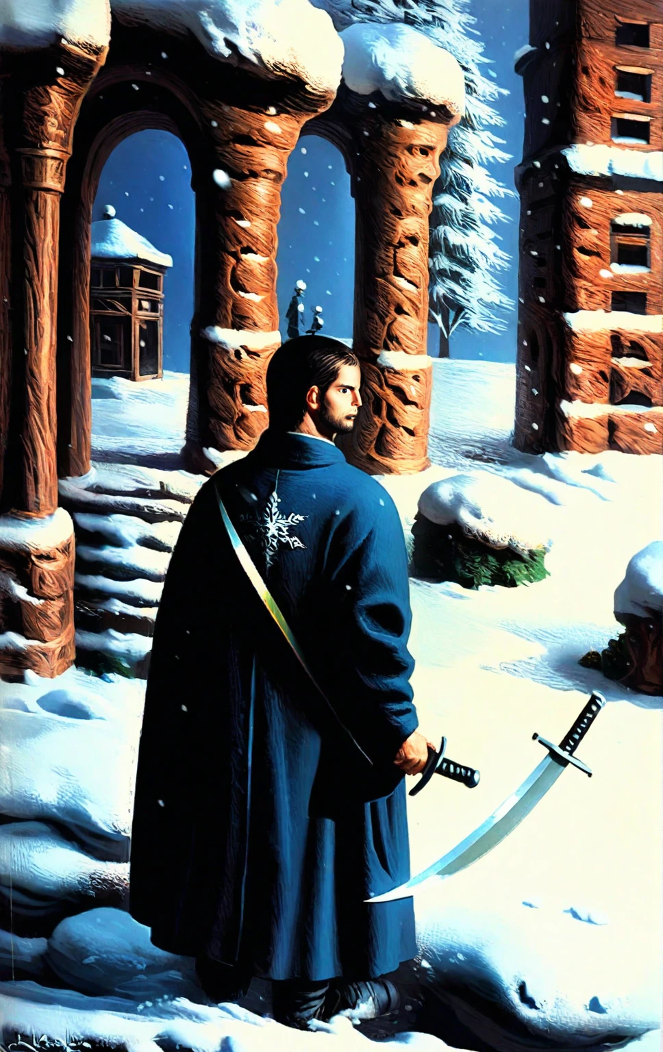 <lora:sabinbalasa_pony_v2:1>' kitsch ' by Balasa Sabin in 2002, symbolic painting \(genre\), Kitsch \(style\), Surrealism \(style\), a young man dressed as a warrior is holding a sword and looking back over his shoulder. he is standing in a snowy landscape,possibly in the middle of a battle or a historical reenactment.,, score_9, score_6_up, score_7_up