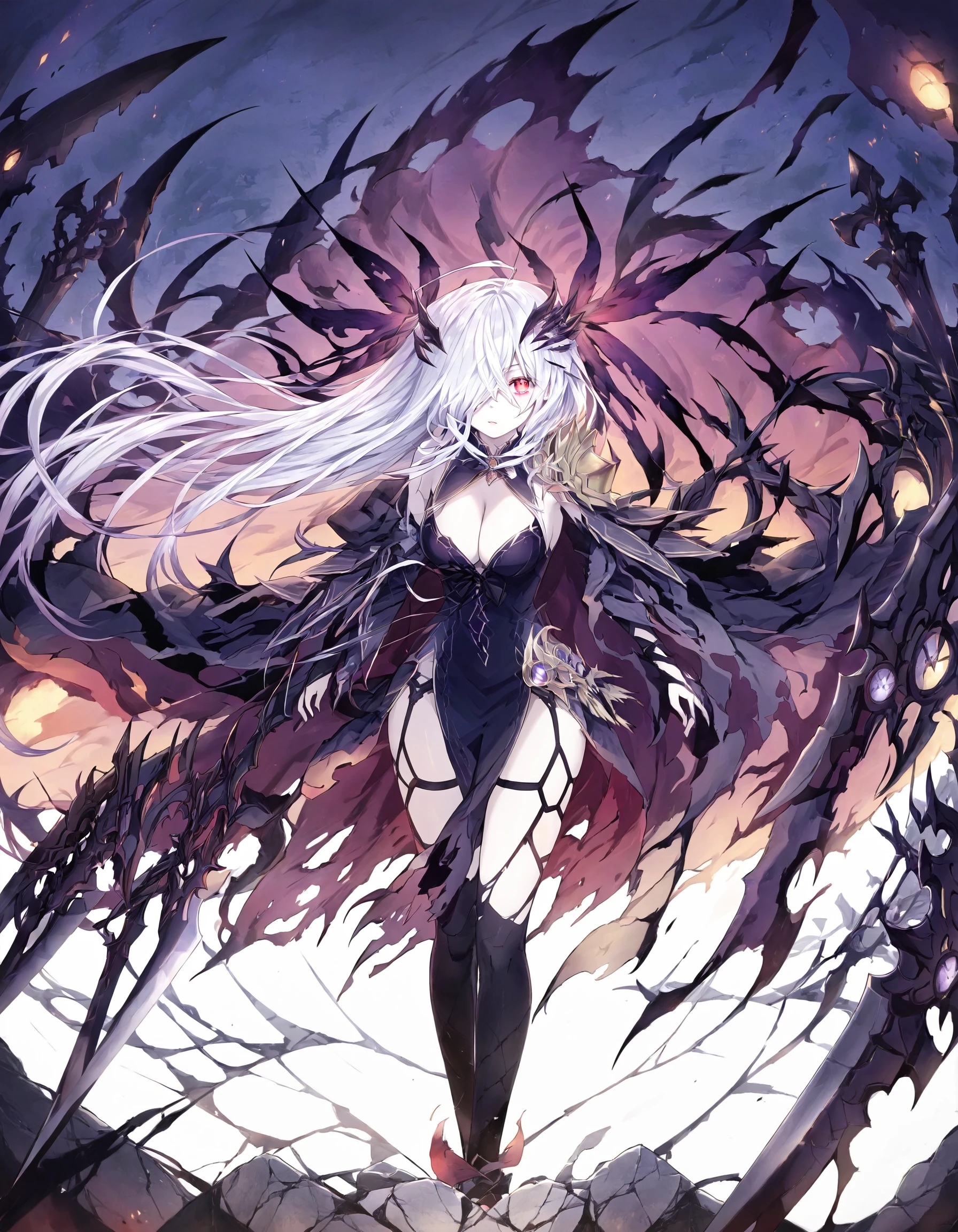 1girl, white hair, intense view, red eyes, piercing gaze, cape, floating hair, torn clothes, hairpin, blood, blood on face destroyed place, chaos, destruction, looking up, intimidating, dramatic, thighs, standing, full body,