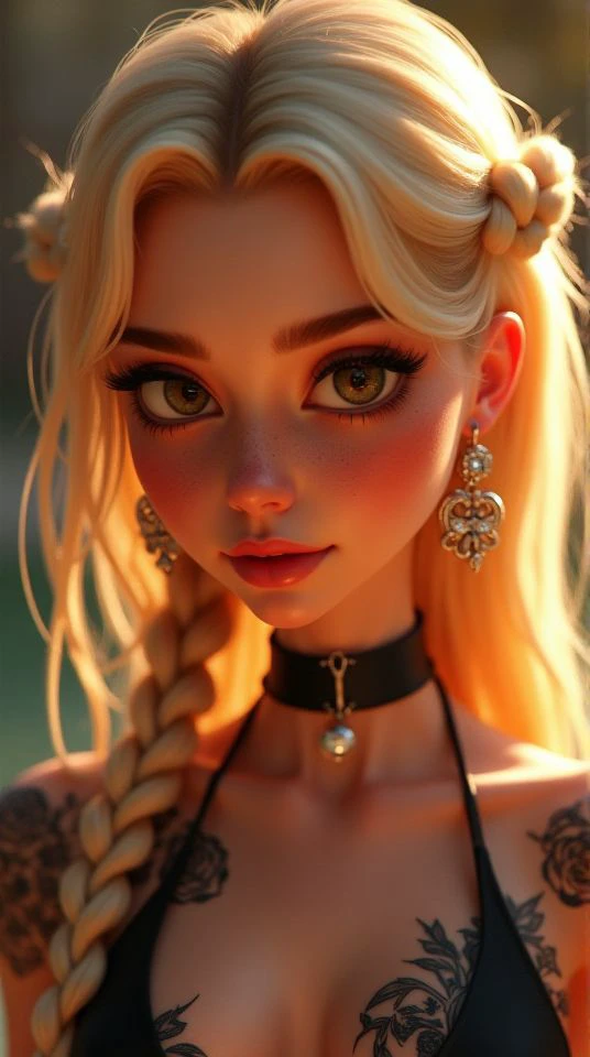 SFW,highest quality,woman,27 year old,backlighting,black choker,blurry background,blush,closed mouth,collarbone,earrings,forehead,freckles,hair over shoulder,jewelry,long hair,looking down,pointy nose,lips glossy,shadow,solo,thick eyebrows,thick eyelashes,upper body, expressive eyes, medium eyes, detailed eyes,blond hair,braids,tattoos,tattoos on arms,black rose tattoos on neck,sun beams,warm light,cozy,((masterpiece)), realistic, disney pixar style, 3d, 3d rendering