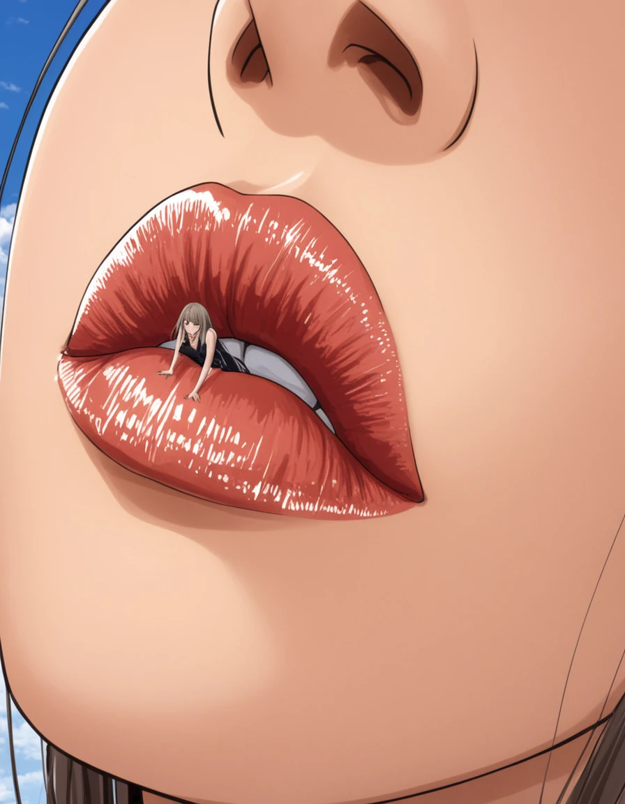 <lora:zgts-vore:1> zgts, giantess, vore, 1micro, sucking, sticking out of mouth, between lips, anime