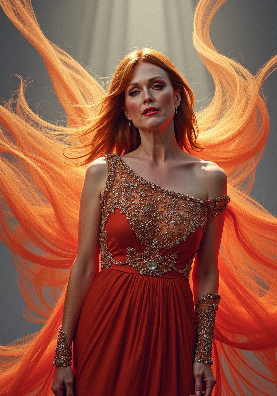 Julianne Moore wearing a flowing silk dress, emiting mystical light, intricate, elegant, highly detailed, my rendition, digital painting, artstation, concept art, smooth, sharp focus, radiant light, illustration, art by artgerm and greg rutkowski and alphonse mucha
