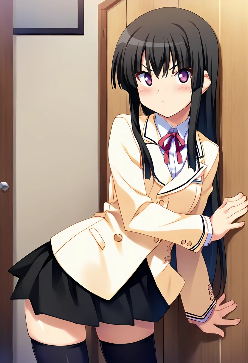 score_9, score_8_up, score_7_up, masterpiece, 1girl, source_anime, 1girl, ct_a0i, purple eyes, black hair, long hair, beige blazer, white collared shirt, long sleeves, red neck ribbon, black skirt, black thighhighs, indoors, wooden wall, looking at viewer, cowboy shot, blush, v-shaped eyebrows, thighs, standing, shiny skin, <lora:AyanokoujiAoi_Pony_ct_ver3:0.9>