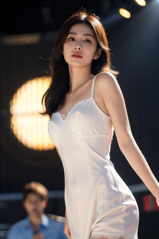 masterpiece, best quality, ultra-detailed, ultra high res, (photorealistic:1.4), raw photo, (realistic:0.2), 8k HDR, realistic lighting, looking at viewer, 1girl, solo, asymmetrical hair, (concert stage:1.2), (day), bokeh, (detailed lips), (detailed pores), (detailed skin textures), (detailed face:1.2), (body:1.2), a woman in a sundress, standing,