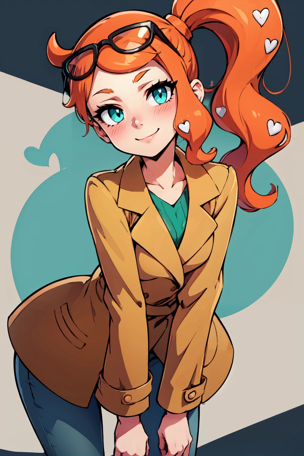 ((masterpiece,best quality)), absurdres,  BREAK, , <lora:Sonia_Pokemon:0.8>, zzSonia, aqua eyes, orange hair, long hair, side ponytail, hair ornament, heart hair ornament, eyewear on head, brown coat, green shirt, pants, , BREAK, leaning forward, head tilt, blush,, BREAK, solo, smile, looking at viewer, cowboy shot,