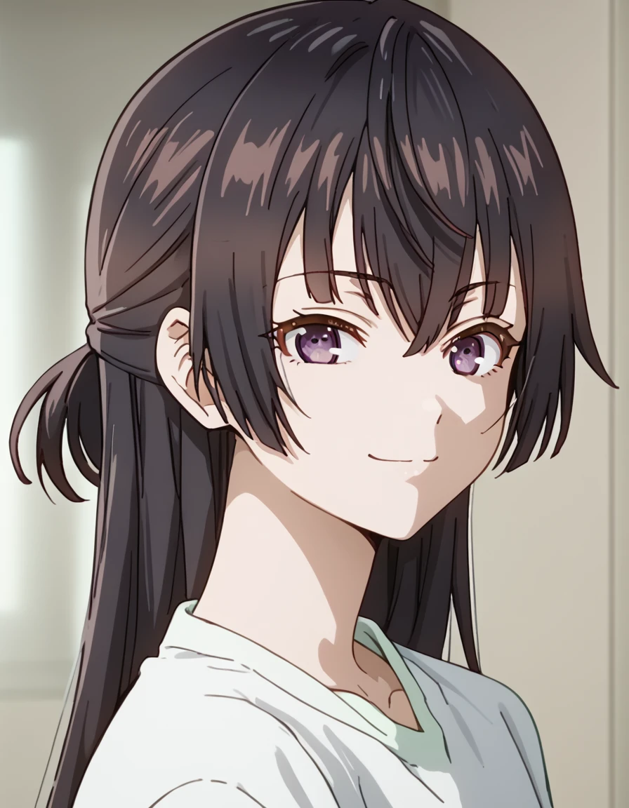 Yuki, long hair, bangs, black hair, hair between eyes, purple eyes, <lora:AlyaSometimesHidesHerFeelingsinRussian:1> score_9, score_8_up, score_7_up, score_6_up, score_5_up, score_4_up, source_anime,  soft smile, portrait,