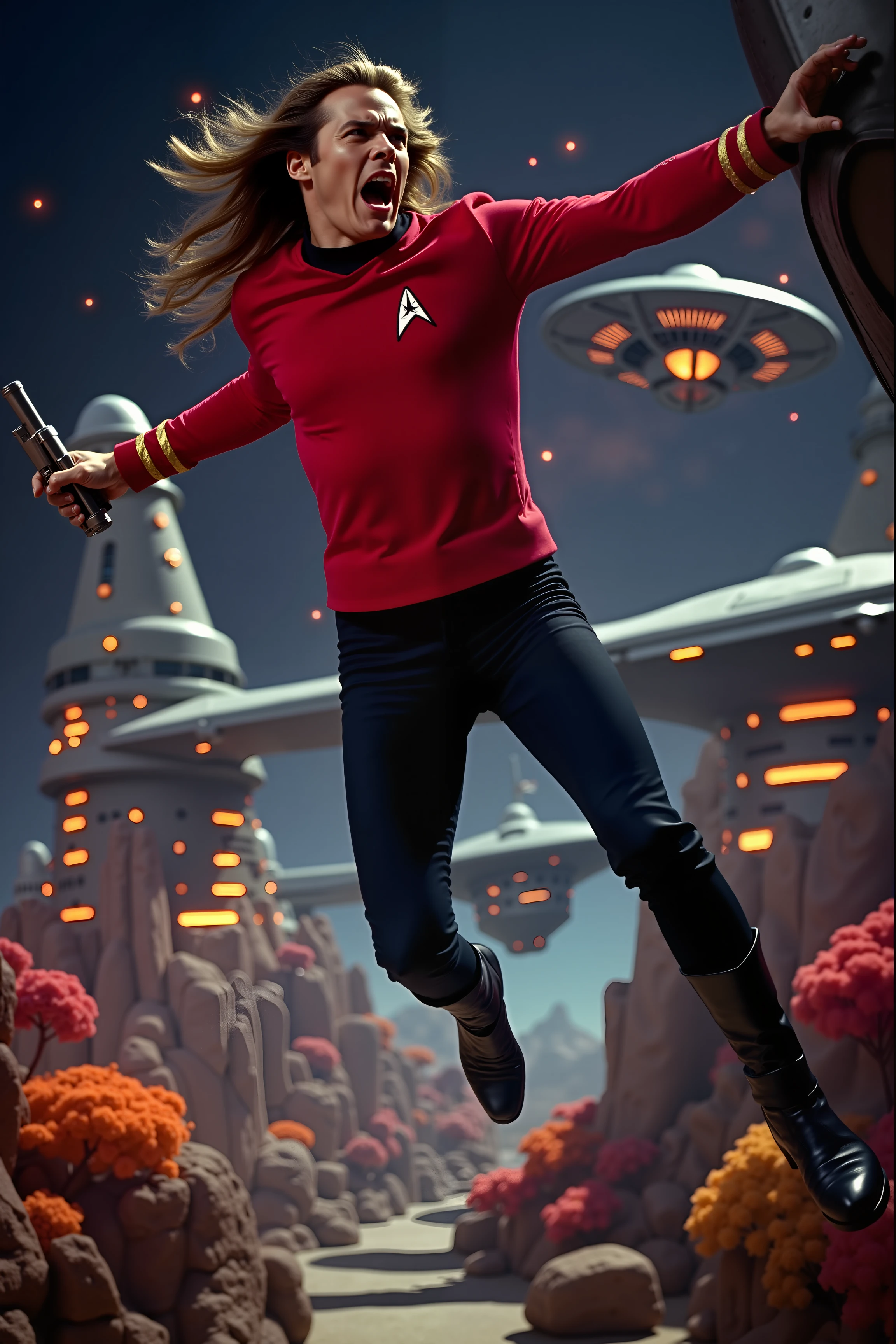 A high-quality photo of an action-packed scene featuring a long-haired man in a red Star Trek TOS uniform with black pants. The man is in mid-action, leaping from a futuristic spacecraft onto a bustling, high-tech alien planet. His long hair flows dramatically behind him, enhancing the sense of dynamic motion. He is caught in a moment of intense action, with one hand gripping a futuristic phaser and the other reaching out to steady himself. The red uniform is sharply detailed, with vibrant colors and sleek, high-tech elements that contrast vividly against the backdrop. The alien planet features an array of glowing, exotic vegetation and structures, with a distant starship and vibrant nebulae visible in the sky. The scene is filled with dramatic lighting and shadows, capturing the excitement and intensity of the moment. The high-resolution photo emphasizes the fluidity and energy of the action, showcasing the character's bravery and the high-tech environment.