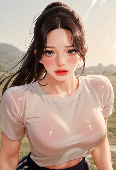 score_9, score_8_up, score_7_up, score_6_up, 1girl, Aunthwa, black long hair, ponytail, gym shirt, gym short, running in the middle of the field, under the hot sun, sweating, Cowboys shot, look at viewer