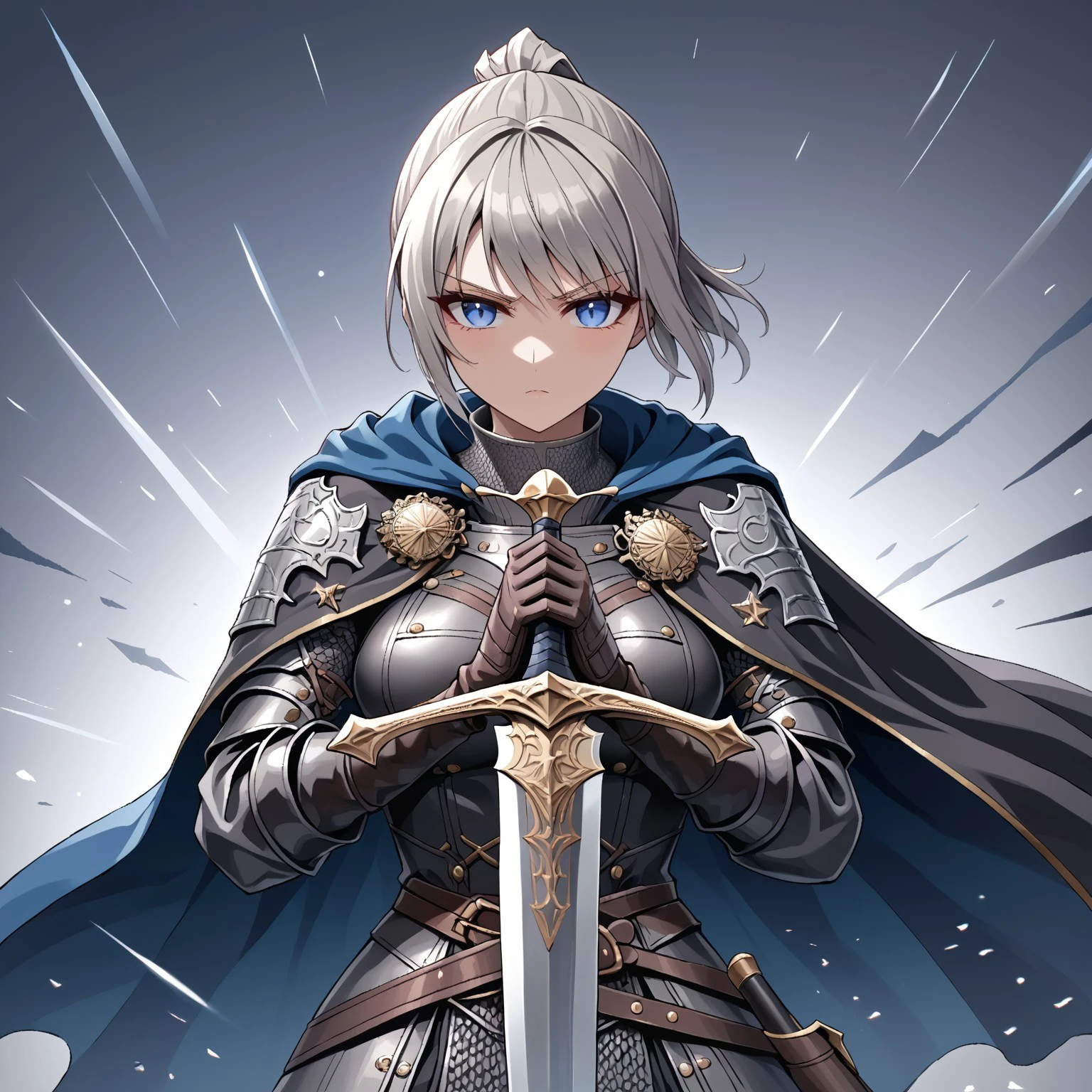 safe_pos, safe_pos, High quality, Masterpiece, Solo, girl, short_ponytail, Gray blonde hair, blue eyes, breast, deep blue colored cape, Surcoat over chainmail,  holding sword, sword, leather glove, long sword, standoff in battle, look at viewer