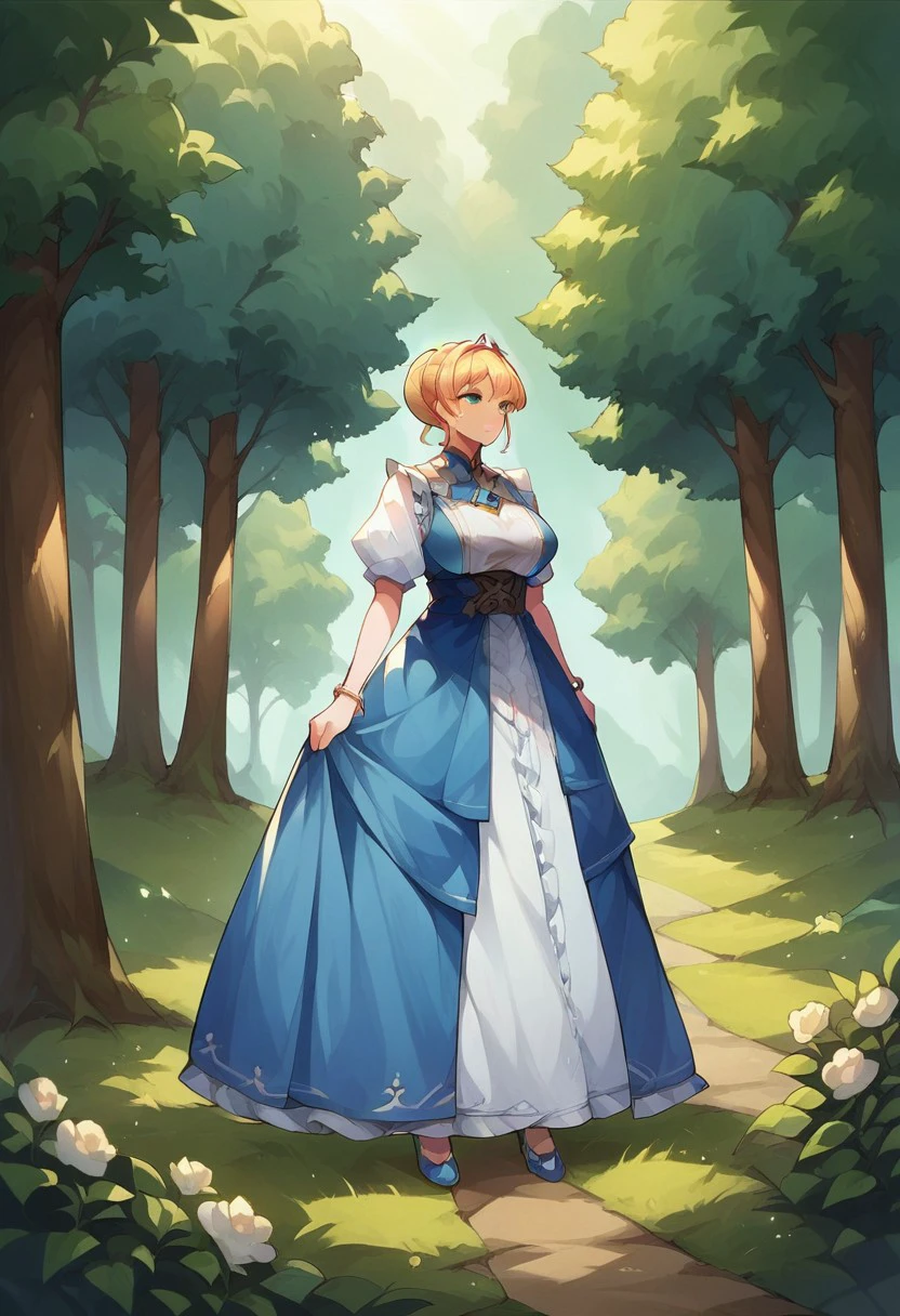 score_9, score_8_up, score_7_up, source_anime, cinderella (grimm), day, tree, large breasts, standing, white dress, nature, hair bun, blue dress, bow, frills