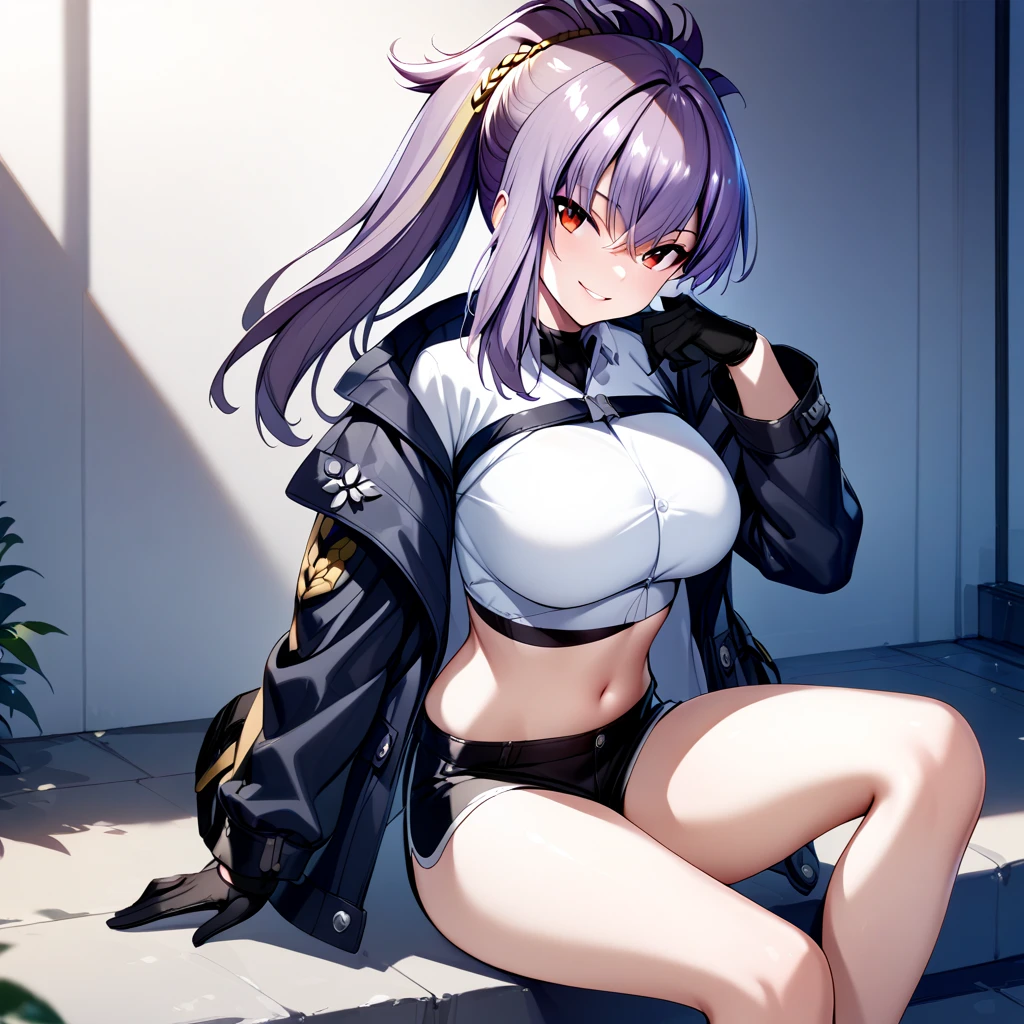 rebecca(cs), 1girl, solo, gloves, shorts, black gloves, smile, breasts, navel, short shorts, shirt, midriff, looking at viewer, crop top, red eyes, long hair, sitting, ponytail, black shorts, purple hair, large breasts, white shirt, stomach, jacket, long sleeves <lora:Rebecca:1>, (masterpiece),(best quality),(ultra-detailed),(best illustration),(best shadow),(absurdres),(detailed background),(very aesthetic),