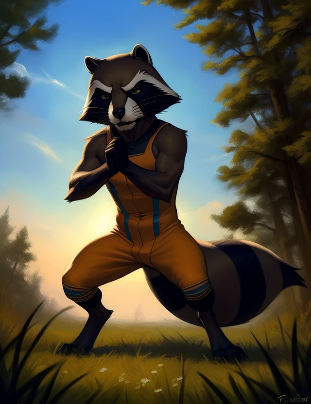 <lora:RocketRacGyYif:1> RocketRacGy, Racoon, Orange jumpsuit, Brown eyes, chibi, 
Looks at the viewer, (fighting stance, angry pose)
[ large window, (nature), forest, grass, day shining, clouds, flowers, blanket, blue pillows, candles, bed, pillows, ]
(beautiful, aesthetic, perfect, delicate, intricate, saturated colors), masterpiece, digital drawing, best quality,
by taran fiddler, by cynicalstarr, by personalami,