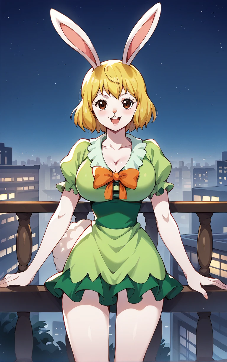 score_9, score_8_up, score_7_up, BREAK
GreenDress_Carrot_ownwaifu, 
1girl, blonde hair, rabbit girl, short hair, furry female, rabbit tail, animal ears, brown eyes, rabbit ears, buck teeth, large breasts, animal nose, body fur, white fur, collarbone, bare legs, colored skin,  
dress, green dress, short sleeves, puffy sleeves, bow, cleavage, puffy short sleeves, frills, green shirt, short dress,
(standing, arm_support), railing, cityscape, night, city, city lights, scenery, starry sky, vanishing point, outdoors, <lora:PONYXL_ONEPIECE_Carrot_ownwaifu:0.8> , depth of field, solo,