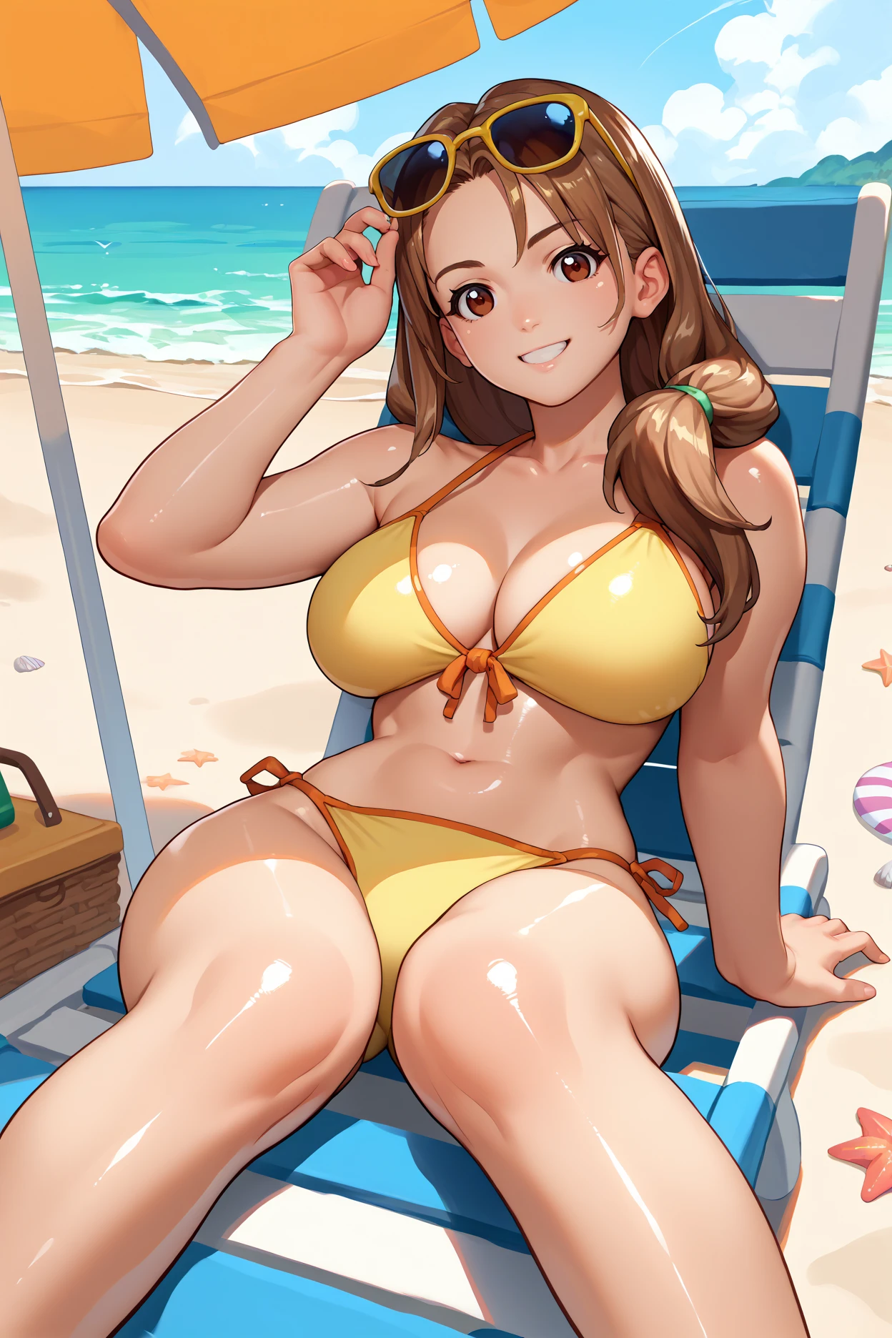 score_9, score_8_up, score_7_up, score_6_up, source_anime, 1girl, solo,  <lora:ftspmom-pdxl-nvwls-v1-000006:1> ftspMm, brown hair, long hair, hair over shoulder, brown eyes, large breasts, yellow bikini, beach, beach chair, sitting, sunglasses, looking at you, smile, shiny skin, thighs