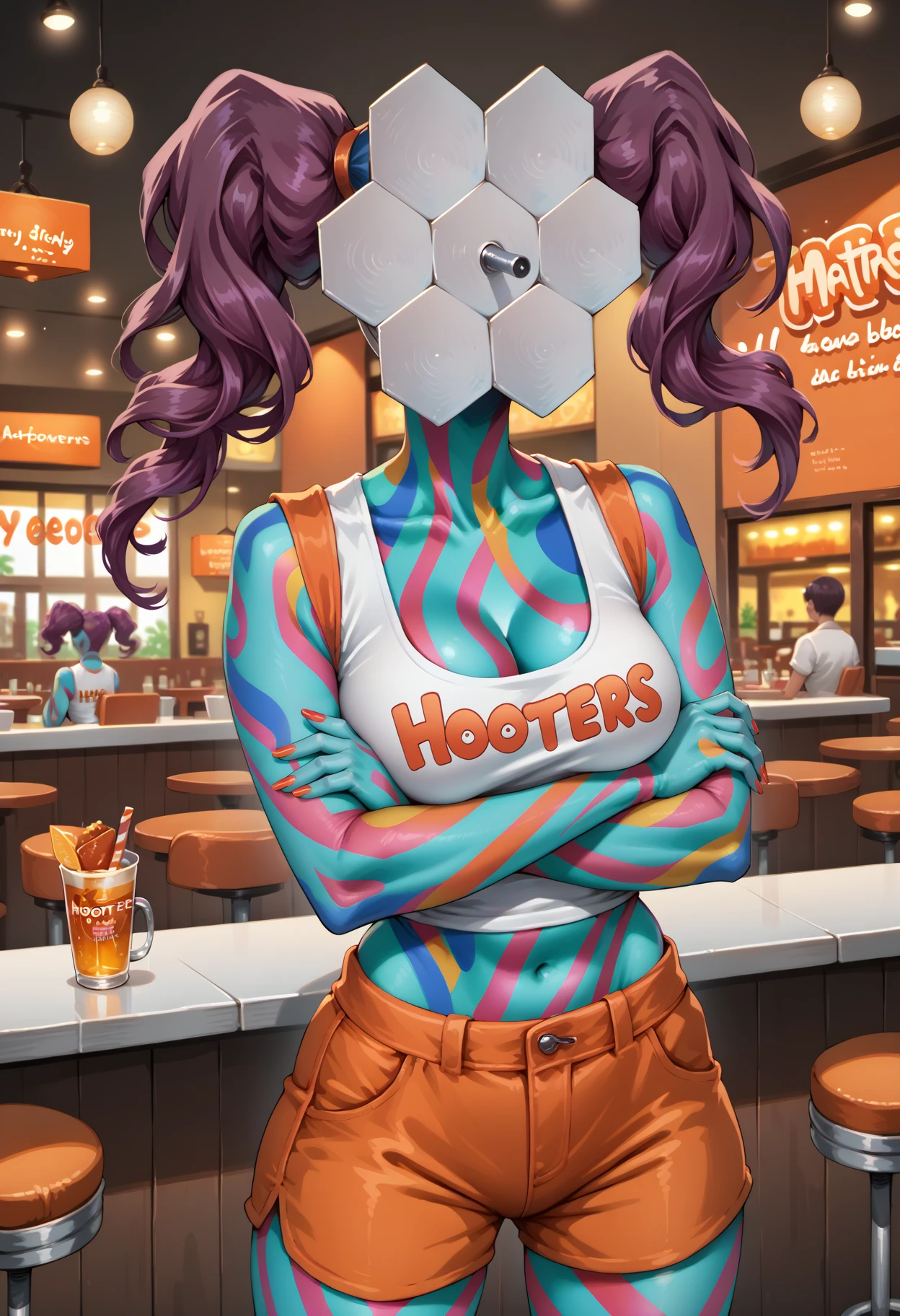 score_9, score_8_up, score_7_up, source_anime, 1girl, cowboy shot, crossed arms, <lora:ShadowRiseP4-pdxl:1> rsP4, purple hair, twintails, mask, colored skin, cleavage, hooters uniform, midriff, orange short shorts, nail polish, restaurant