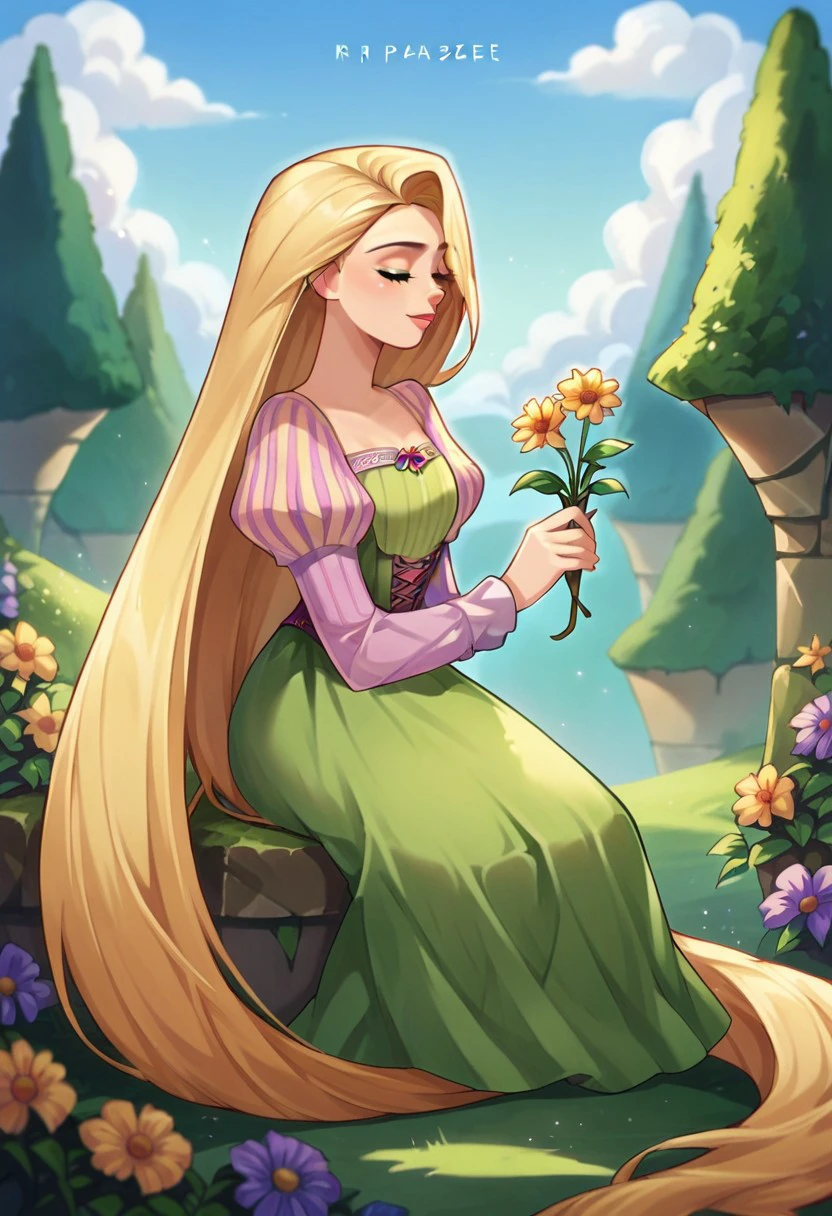 score_9, score_8, score_7, source_anime, rapunzel (grimm), :d, day, juliet sleeves, cloud, artist name, sitting, full body, holding plant, closed eyes