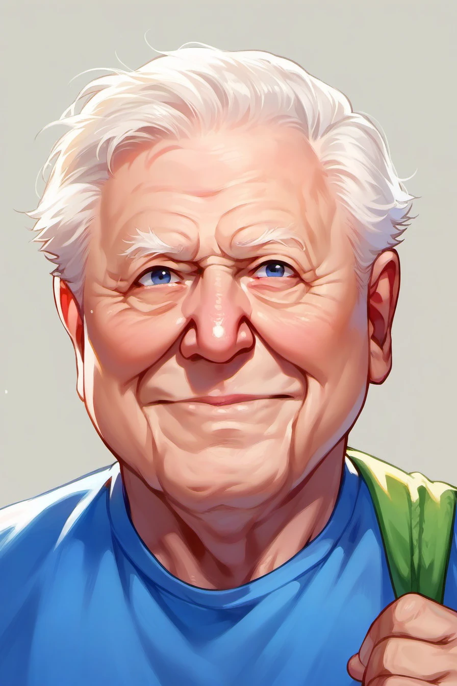 cute chibi,score_9, score_8_up,upper body, score_7_up, 1boy,david attenborough,old man,white hair,solo,old man,blue shirt,simple background