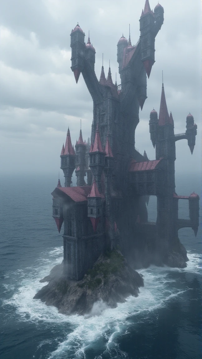 <lora:draculas_castle_v1:1.5>, film scene from Denis Villeneuve.
Draculaâs castle stands majestically isolated atop a jagged, rocky cliff, overlooking a vast, turbulent sea that stretches endlessly into the horizon. Towering 50 stories tall, the castle is a breathtaking masterpiece of gothic architecture, with its impossibly narrow, red-roofed spires piercing the sky. The esoteric offshoots and intricate stonework add to its otherworldly design, making it seem as if the structure defies the very laws of physics. The castleâs extreme height dominates the landscape, so tall that its highest spires ascend into the swirling clouds, disappearing from view. Below, the furious waves crash violently against the cliffside, sending sprays of water high into the air, as if the sea itself is trying to reclaim the fortress. The atmosphere is thick with intense foreboding, as if the castle is a dark sentinel, eternally guarding the secrets within its towering walls. The sheer verticality of the structure emphasizes its imposing, almost surreal presence, creating an image of overwhelming power and dread.