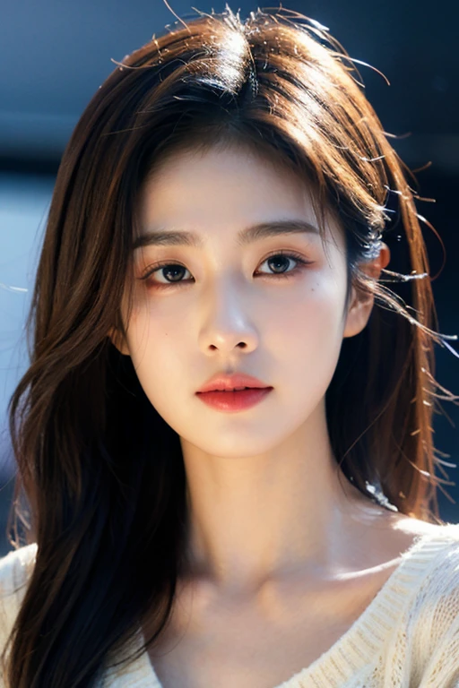 masterpiece, best quality, ultra-detailed, ultra high res, (photorealistic:1.4), raw photo, (realistic:0.2), 8k HDR, realistic lighting, looking at viewer, 1girl, solo, asymmetrical hair, (concert stage:1.2), (day), bokeh, (detailed lips), (detailed pores), (detailed skin textures), (detailed face:1.2), (body:1.2), a woman in a cardigan,