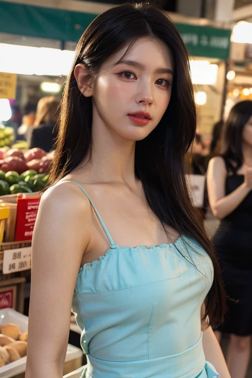 masterpiece, best quality, ultra-detailed, ultra high res, (photorealistic:1.4), raw photo, (realistic:0.2), 8k HDR, realistic lighting, looking at viewer, 1girl, solo, asymmetrical hair, (traditional market:1.2), (day), bokeh, (detailed lips), (detailed pores), (detailed skin textures), (detailed face:1.2), (body:1.2), a woman in a sundress,