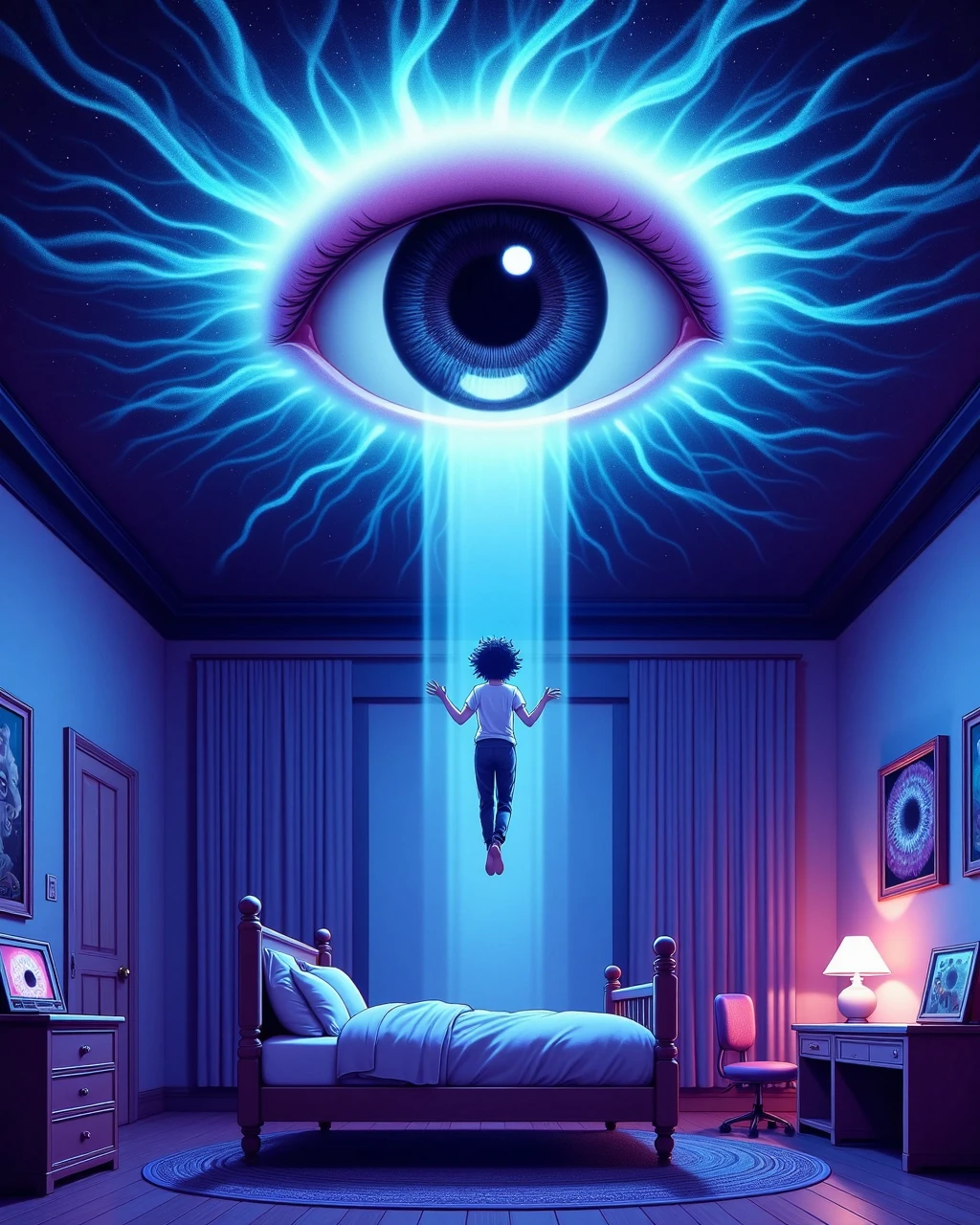 aiai-B1ngLucid, The image depicts a surreal scene with a bedroom with a huge eye in the roof, its iridescent blue and purple hues reflecting the surrounding environment. The eye is the central focus, with a stream of light emanating from it, creating a sense of depth and dimension. Below the eye, a person is seen floating in the air, their body suspended in a state of weightlessness. The room they inhabit is a room of stark contrast, with a bed and a desk visible, both rendered in shades of blue and purple. The walls of the room are adorned with various objects, including a lamp, a clock, and a painting, adding to the surreal atmosphere. The room is illuminated by a blue light, casting a soft glow on the objects and the person floating above.