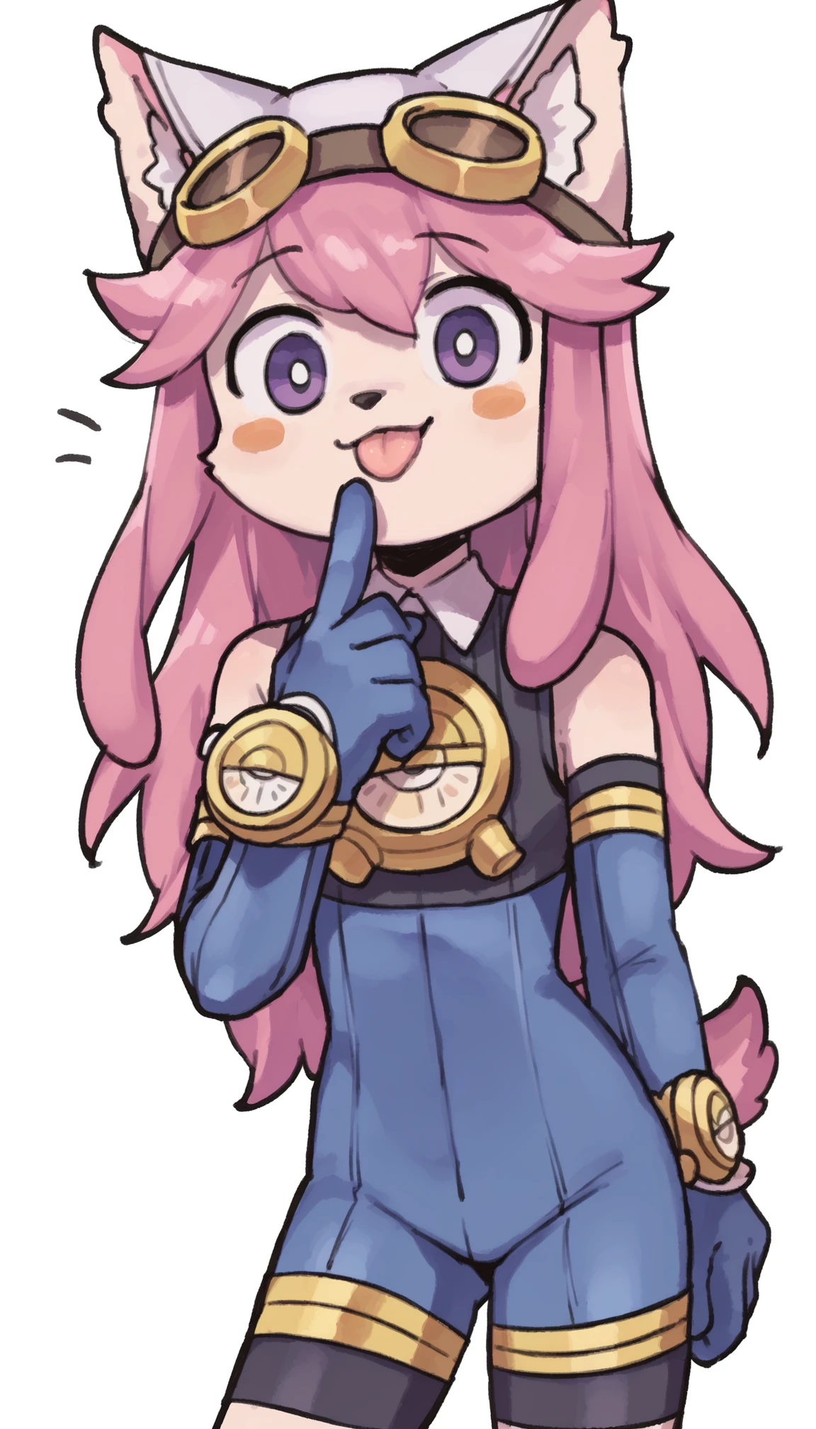 score_7_up, score_6_up, flat colors, sketch, chocolatsr, tmchng, 1girl, cute, chibi, furry female, dog girl, pink fur, long hair, pink hair, dog tail, body fur,  purple eyes, blush stickers, animal ears, animal nose, bodysuit, elbow gloves, goggles on headwear, cowboy shot, smile, solo, looking at viewer, standing, finger to mouth, :p, tongue, tongue out, ^^^, simple background, embedding:zPDXL2