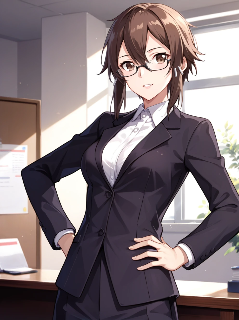 score_9, score_8_up,score_7_up, source_anime, expressiveh <lora:Expressive_H:0.2> BREAK
1girl, solo,  asada shino, brown hair, hair between eyes, hair ornament, brown eyes, short hair, hair ribbon, glasses
standing in the office, suit, window, sunset, hands on hips, expressionless, brown eyes, 
medium breasts,smile,
 <lora:asada shino v0.2-000018:0.8>,